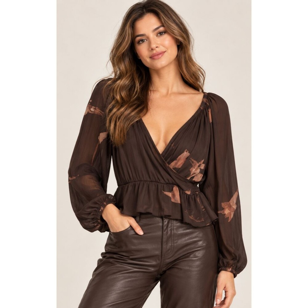 Grade & Gather Chocolate Brown Sheer Wrap Peplum Blouse Balloon Sleeve Womens M
